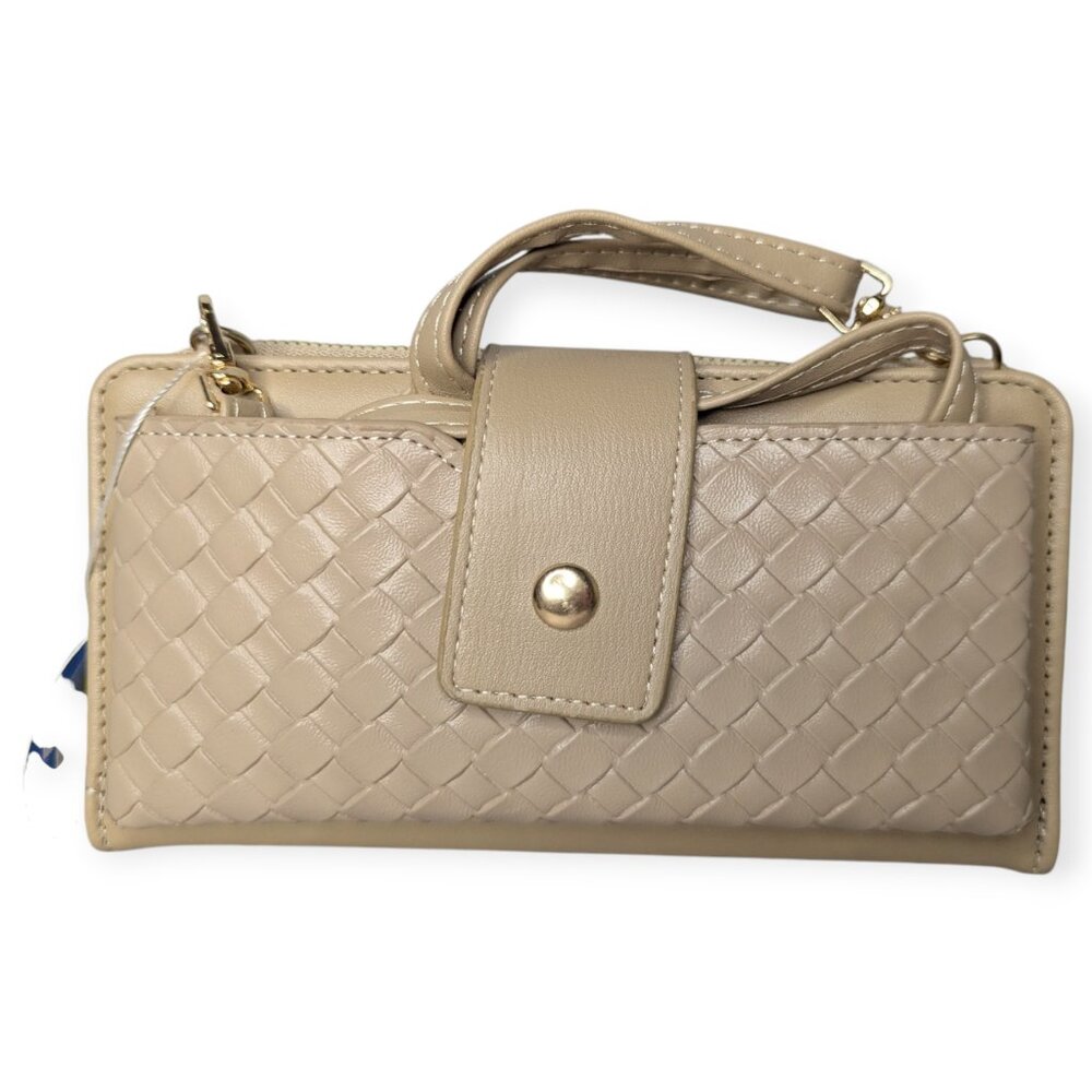 Chic Unlimited Woven Faux Leather Tan Zip Around Wallet with Strap NWT